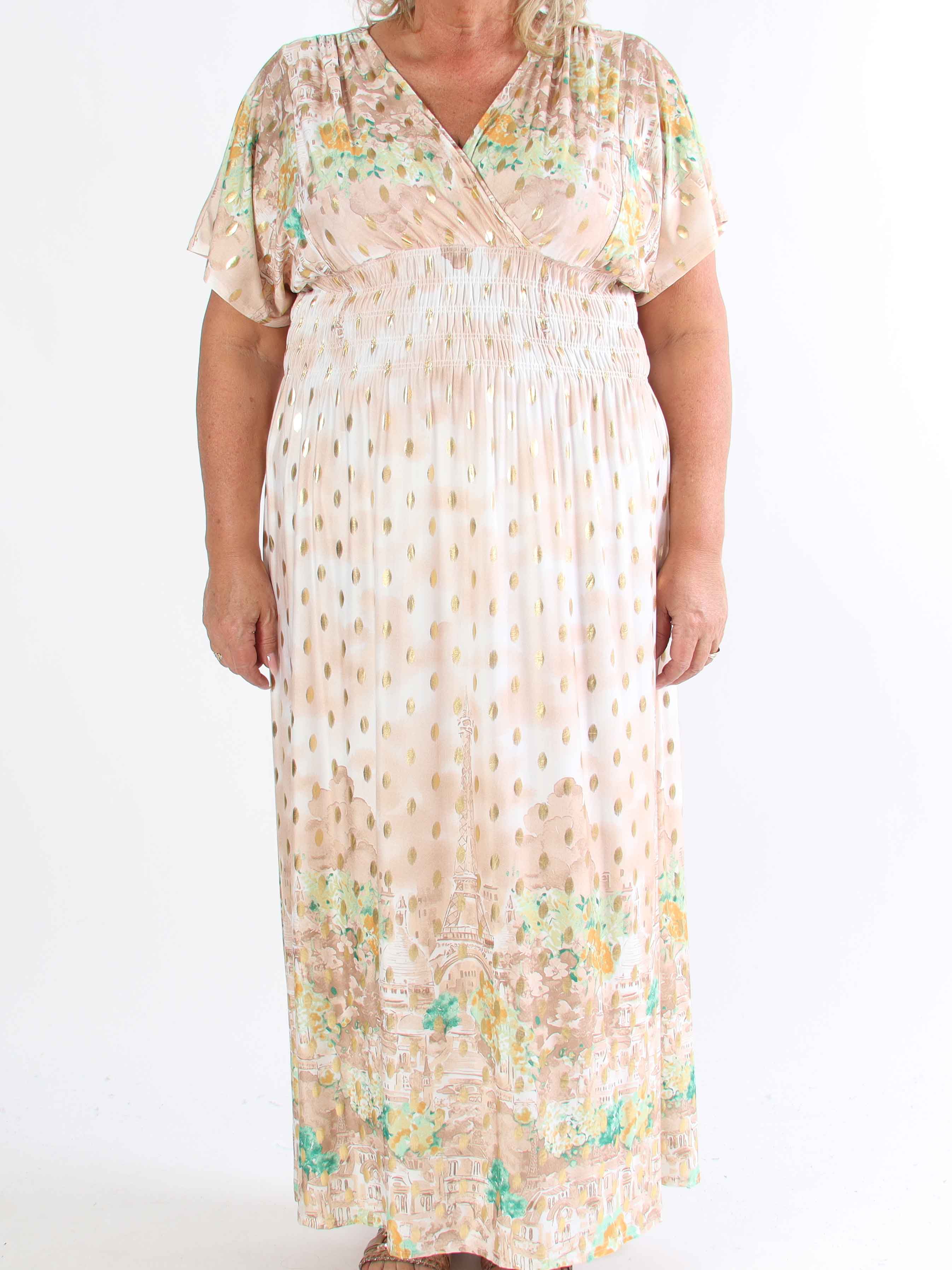 Pams Paris - Lang elastisk plus size kjole med guld dutter